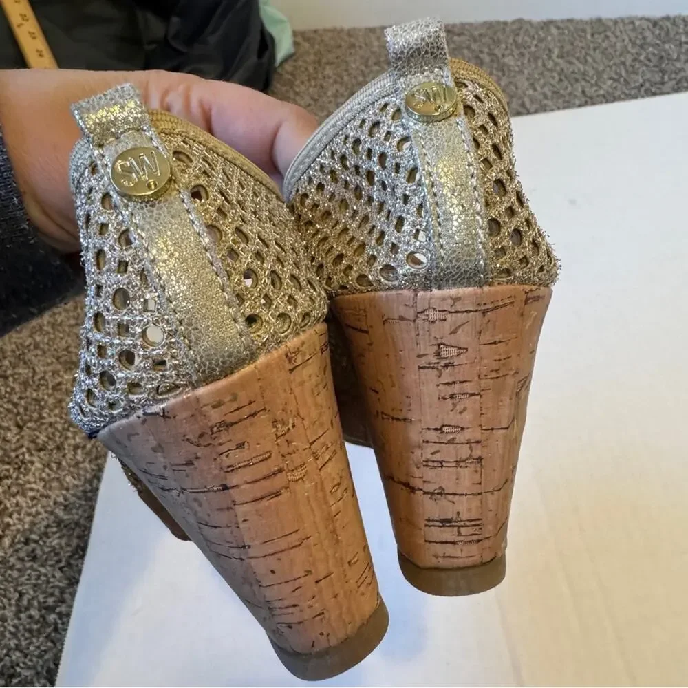 Stuart Weitzman Gold Mesh Cork Wedge Heels Girls Size 2 Kids Dressy Summer